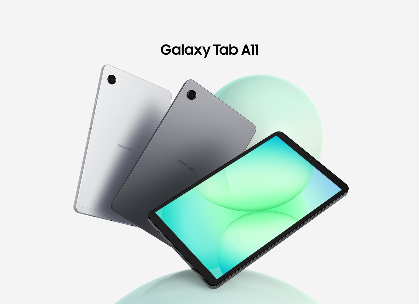 Official Samsung image showing Galaxy Tab A11 tablets in gray and silver